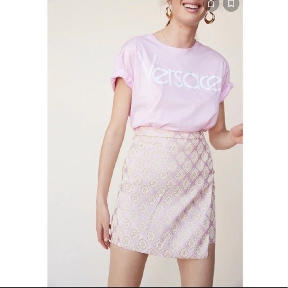 LPA REVOLVE Mini Skirt Pink Brocade Metallic Sheen Faux Wrap Lined Size Medium